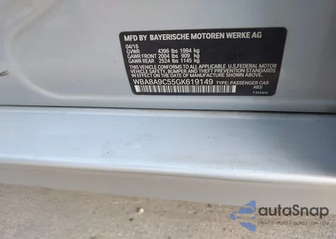 2016 BMW 320I z USA, uszkodzony, nr VIN WBA8A9C55GK619149